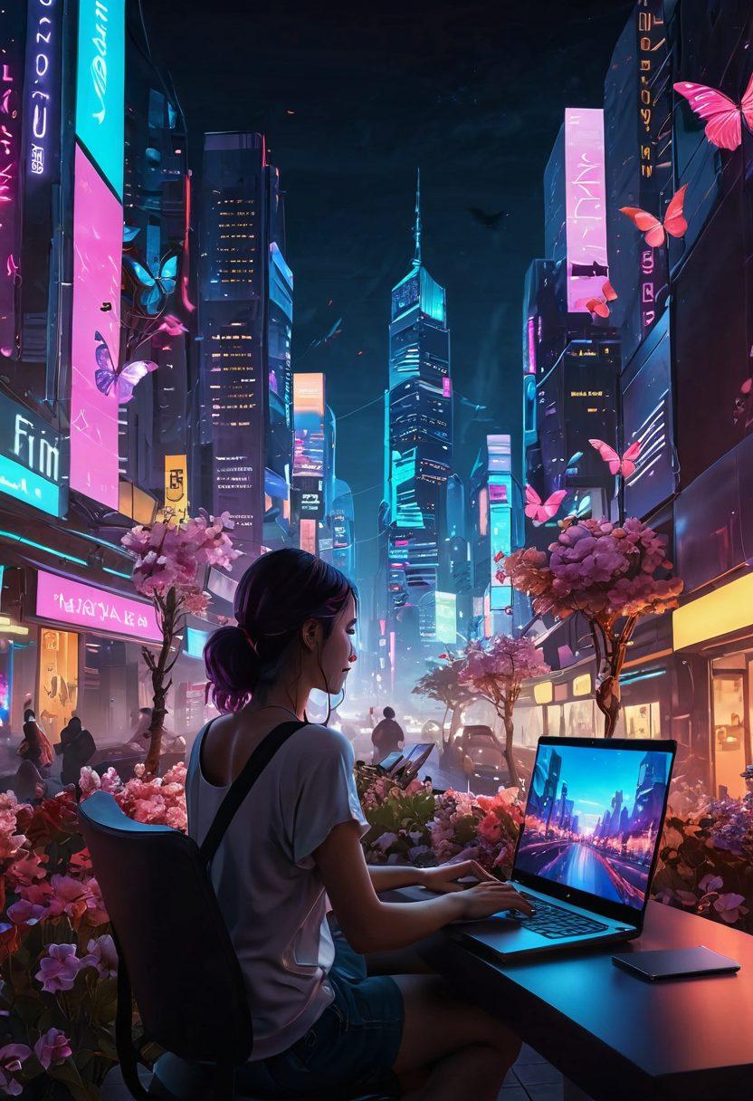 A serene, dreamy landscape merging a vibrant digital cityscape with soft sensual elements, featuring a glowing laptop amidst blooming flowers symbolizing creativity and passion. In the foreground, a silhouette of a person joyfully typing while images of blog posts float around like butterflies, capturing the essence of expression. The color palette should be warm and inviting, blending pastels with some neon accents. cyberpunk. vibrant colors. super-realistic.