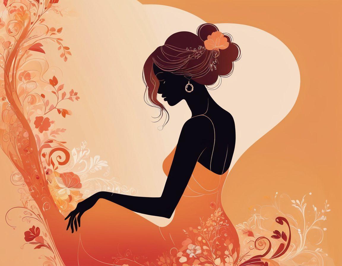 A captivating, elegant scene featuring a stylized silhouette of a sensual figure poised gracefully, intertwined with flowing blog texts and soft curves, representing the intersection of sensuality and community. The background is a blend of warm, inviting colors with delicate floral motifs symbolizing maturity and connection. Include subtle hints of digital elements like chat bubbles or social media icons, reflecting online engagement. Illustrate a sense of empowerment and inclusivity. soft focus, vibrant colors, artistic illustration.