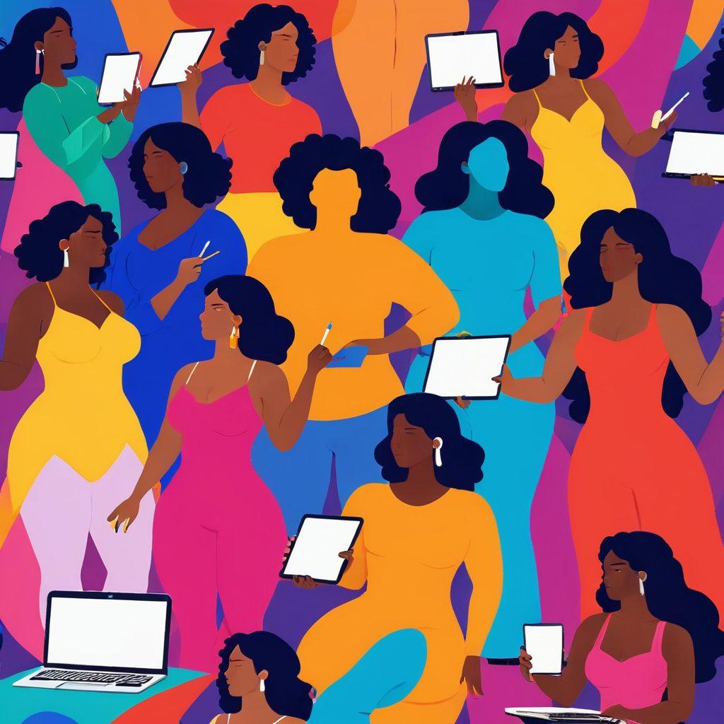 A bold, artistic representation of diverse, empowered figures celebrating body positivity and self-expression amidst an engaging backdrop of vibrant colors and abstract shapes. The figures should embody various curves and styles, showcasing confidence and creativity while interacting with digital devices like tablets and laptops. Incorporate elements symbolizing adult content creation, such as pens, books, and film reels. The atmosphere should be empowering and inspiring, highlighting authentic connections and engagement. vibrant colors. abstract style.